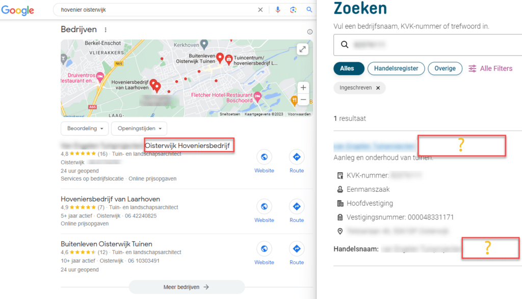 Zoektermen in Google Mijn Bedrijf - wat niet mag voorbeeld Hovenier Oisterwijk